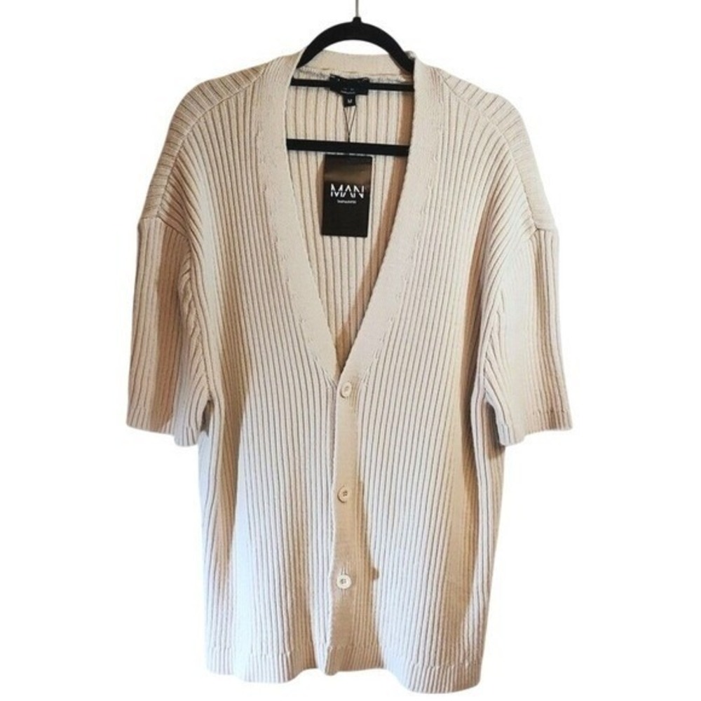 boohooMAN NWT Off‎ White Knit Loose Fit Baseball Cardigan Short Sleeve Medium